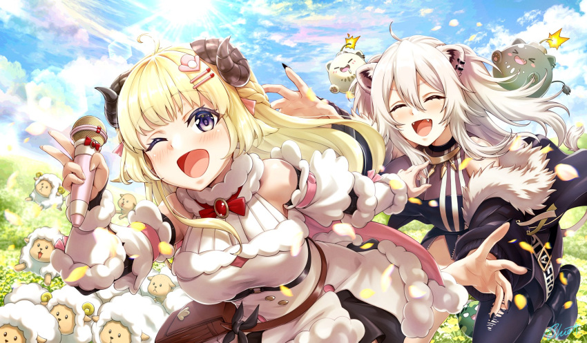 2girls ahoge animal_ears blonde_hair breasts buru-dai closed_eyes detached_sleeves dress fangs fingernails grey_hair highres hololive horns large_breasts lion_ears lion_girl lion_tail long_hair microphone multiple_girls one_eye_closed open_mouth outdoors running sharp_fingernails sheep_ears sheep_girl sheep_horns shishiro_botan shishiro_botan_(1st_costume) signature ssrb_(shishiro_botan) tail tsunomaki_watame tsunomaki_watame_(1st_costume) virtual_youtuber wata-mate_(tsunomaki_watame) white_dress