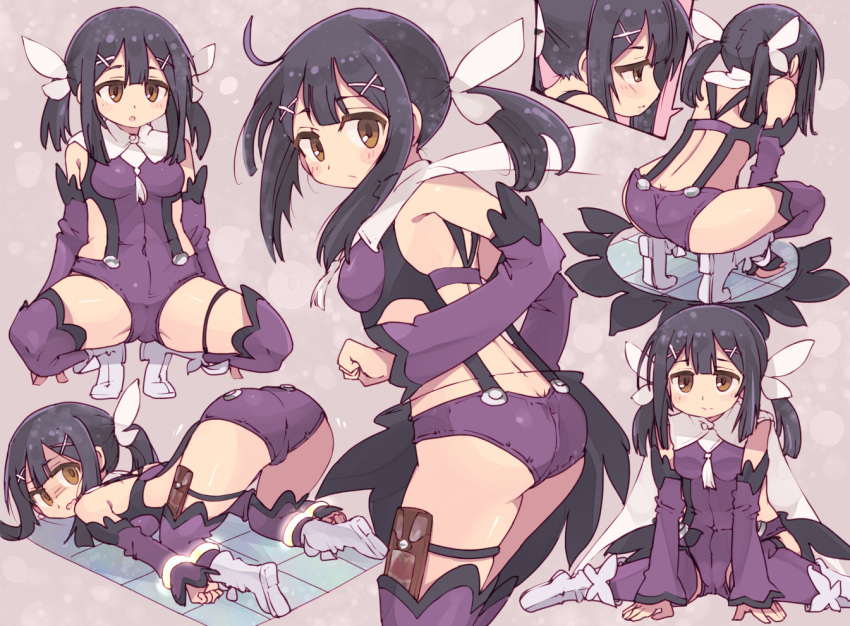 4040_(abonriya) ass black_hair breasts cameltoe fate/kaleid_liner_prisma_illya fate_(series) feather_hair_ornament feathers female hair_ornament hairclip kaleidostick leotard long_hair magical_girl miyu_edelfelt multiple_views purple_leotard purple_sleeves purple_thighhighs restrained small_breasts spread_legs squatting thighhighs top-down_bottom-up twintails yellow_eyes