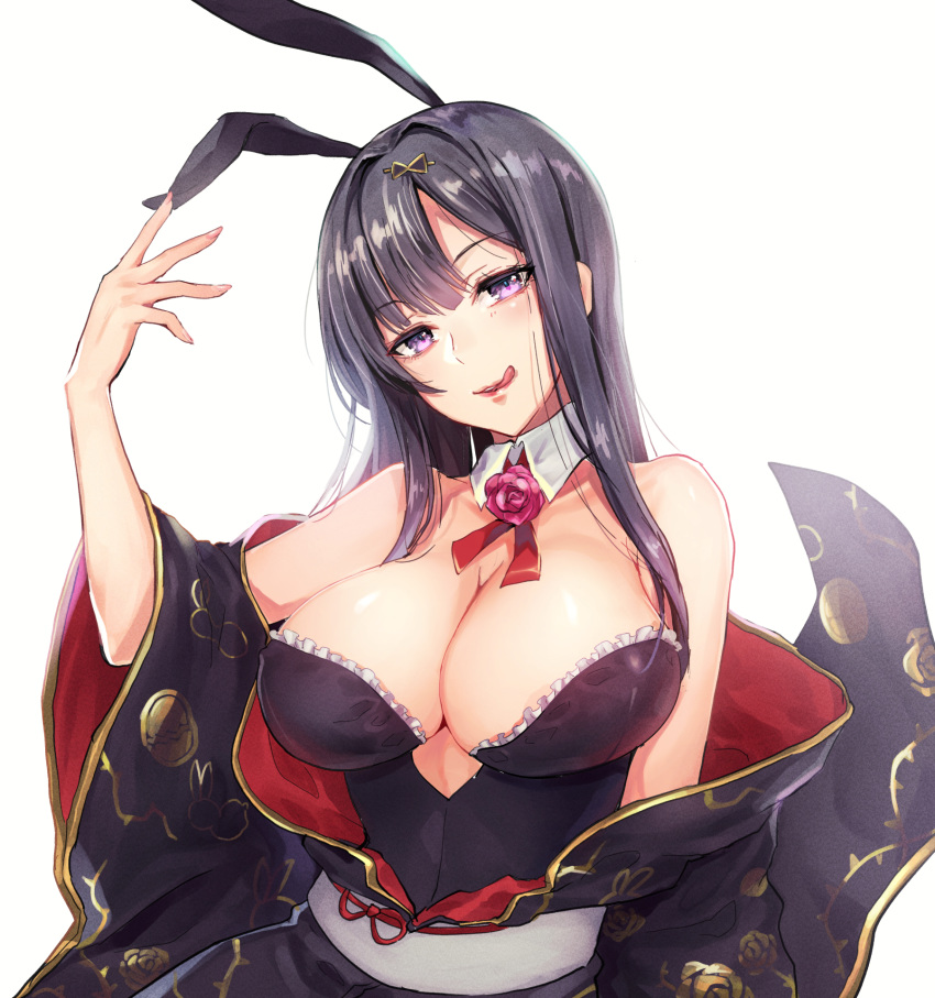 :q animal_ears bare_shoulders black_baccara_(flower_knight_girl) black_hair black_kimono breasts cleavage commentary_request detached_collar female flower_knight_girl frills hair_intakes highres huge_breasts japanese_clothes kimono long_hair looking_at_viewer piyoyanagi purple_eyes rabbit_ears simple_background smile solo tongue tongue_out upper_body white_background