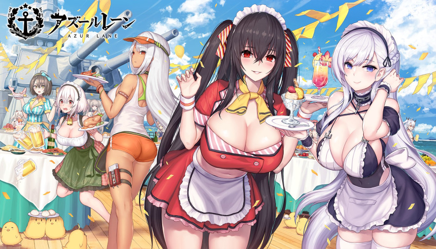 6+girls ahoge apron ass azur_lane baltimore_(azur_lane) bare_shoulders belfast_(azur_lane) bikini bikini_under_clothes black_hair blue_eyes blush body_markings braid braided_bun breasts brown_hair choker cleavage collarbone commentary_request covered_navel crop_top crossed_bangs dark-skinned_female dark_skin dirndl double_bun dress dropping facial_mark food forehead_mark formidable_(azur_lane) formidable_(the_lady_of_the_beach)_(azur_lane) frilled_dress frills game_cg german_clothes hair_between_eyes hair_bun hair_ornament highres holding holding_tray huge_breasts ice_cream jewelry large_breasts leaning_forward long_hair looking_at_viewer looking_back maid maid_headdress maid_one-piece_swimsuit manjuu_(azur_lane) massachusetts_(azur_lane) midriff military military_vehicle mixed_maids multiple_girls navel nidy official_alternate_costume official_art open_mouth parted_lips prinz_eugen_(azur_lane) prinz_eugen_(unfading_smile)_(azur_lane) red_eyes scarf ship short_hair short_shorts shorts sideboob sidelocks sirius_(azur_lane) skindentation smile sundae swimsuit taihou_(azur_lane) thighhighs thighs tray tropical_drink turret unconventional_maid underbutt very_long_hair visor_cap waitress warship watercraft white_hair white_thighhighs wrist_cuffs yellow_eyes yuudachi_(azur_lane) z46_(azur_lane) z46_(her_first_summer)_(azur_lane) zara_(azur_lane) zara_(poolside_coincidence)_(azur_lane) zettai_ryouiki