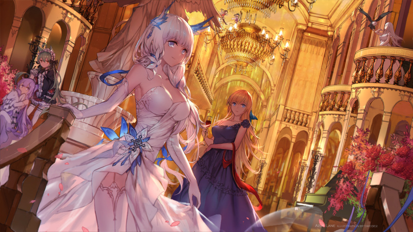 6+girls ahoge akashi_(azur_lane) akashi_(the_black_cat_cometh!)_(azur_lane) alternate_hairstyle animal_ears arm_ribbon armpits azur_lane bald_eagle bare_shoulders bell bird black_ribbon blonde_hair blue_dress blue_eyes blue_ribbon blush bow breasts cat_ears chandelier cleavage commentary dress duplicate eagle elbow_gloves enterprise_(azur_lane) frills gloves gothic_lolita green_hair grim_(azur_lane) hair_between_eyes hair_bun hair_ornament hair_ribbon hairbow headdress highres hugging_object illustrious_(azur_lane) illustrious_(illustrious_ball)_(azur_lane) indoors instrument large_breasts lolita_fashion long_hair long_sleeves looking_at_viewer low_twintails mole mole_under_eye multiple_girls ning_hai_(azur_lane) official_alternate_costume official_art photoshop_(medium) piano ping_hai_(azur_lane) pixel-perfect_duplicate purple_eyes purple_hair ribbon single_hair_bun single_side_bun single_strap sleeveless sleeves_past_wrists smile strapless strapless_dress stuffed_animal stuffed_toy stuffed_winged_unicorn swd3e2 thighhighs twintails unicorn_(azur_lane) very_long_hair victorious_(azur_lane) white_dress white_gloves white_hair white_thighhighs yellow_eyes