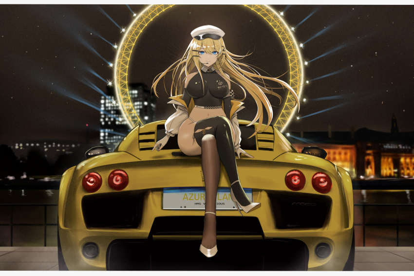 absurdres alternate_costume armband asymmetrical_legwear azur_lane bare_shoulders bikini bikini_bottom_only black_shirt black_thighhighs blonde_hair blue_eyes breasts breasts_apart brown_thighhighs building car character_name checkered_armband checkered_clothes city_lights closed_mouth clothes_writing collarbone collared_shirt commentary company_name copyright_name country_connection crop_top crossed_legs earrings england female fingerless_gloves floating_hair full_body gloves hair_ornament hairclip halterneck hat headset high_heels highleg highleg_bikini highres impossible_clothes impossible_shirt jacket jacket_partially_removed jewelry kcar66t large_breasts license_plate london london_eye long_hair looking_at_viewer medium_breasts microphone midriff military_hat motor_vehicle navel night noble_(company) noble_m600 open_clothes open_jacket outdoors peaked_cap product_placement race_queen railing real_world_location revealing_clothes river royal_navy_emblem_(azur_lane) shirt side-tie_legwear side-tie_thighhighs sitting sitting_on_car skin_tight skindentation sky sleeveless sleeveless_shirt smile solo sports_car star_(sky) starry_sky strappy_heels swimsuit thighhighs thighs thong two-sided_fabric two-sided_jacket united_kingdom victorious_(azur_lane) white_footwear white_gloves white_hat white_jacket wide_hips