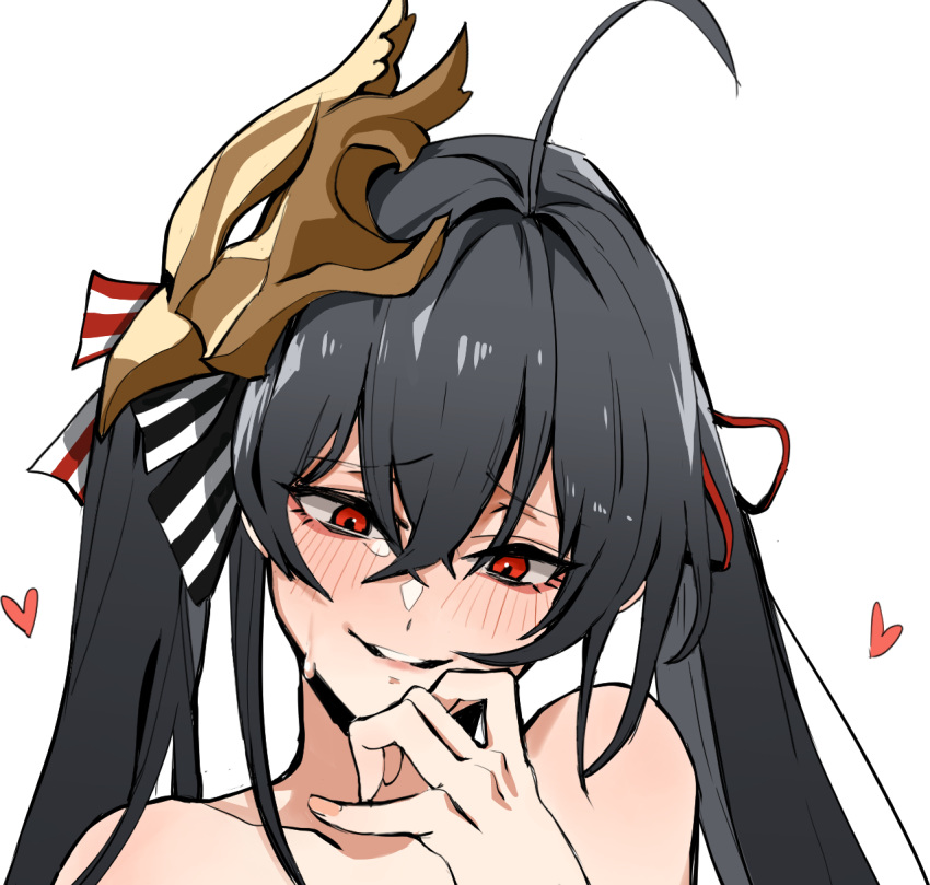 ahoge azur_lane banssee bare_shoulders biting_own_lip black_hair blush collarbone female hair_between_eyes hair_ornament hair_ribbon heart highres long_hair looking_at_viewer portrait red_eyes ribbon simple_background solo sweat taihou_(azur_lane) twintails white_background