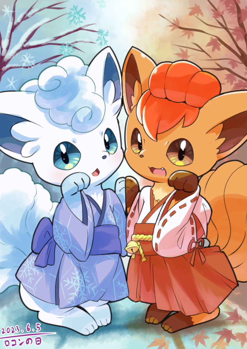 2023 6_tails abstract_background alolan_form alolan_vulpix asian_clothing autumn blue_body blue_eyes blue_fur bottomwear brown_eyes canid canine clothed clothing digitigrade duo east_asian_clothing female feral fur generation_1_pokemon generation_7_pokemon gloves_(marking) hakama hand_holding haori hi_res japanese_clothing kimono mammal maple_leaf markings miko_outfit multi_tail multicolored_body multicolored_fur nintendo obi on_hind_legs open_mouth orange_body orange_fur paw_pose paws plant pokemon pokemon_(species) pose red_body red_fur regional_form_(pokemon) smile snow snowflake standing tail tree two_tone_body two_tone_fur vulpix wadorigi white_body white_fur winter