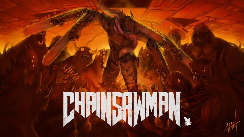 6+boys armor body_armor chainsaw chainsaw_devil chainsaw_man commentary copyright_name crossover demon doom_(series) english_commentary english_text fighting hell hell_(chainsaw_man) horns intestines jpar125 md5_mismatch multiple_boys open_mouth organs parody resolution_mismatch sharp_teeth signature source_larger standing teeth weapon