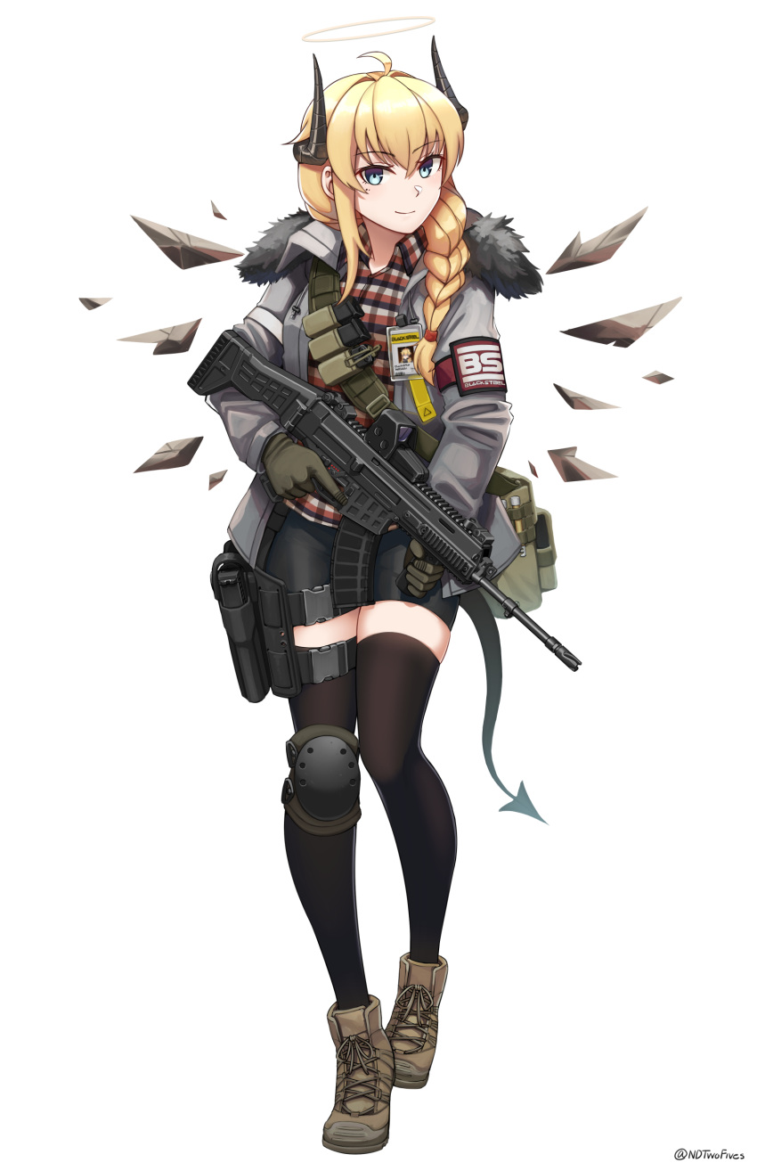 absurdres ahoge arknights assault_rifle bike_shorts black_shorts black_thighhighs blonde_hair blue_eyes blush boots braid brown_footwear brown_wings chinese_commentary closed_mouth collared_shirt commentary_request cz_805_bren demon_girl demon_horns demon_tail detached_wings female full_body grey_jacket gun hair_between_eyes hair_intakes hair_over_shoulder halo highres holding holding_gun holding_weapon horns indie_virtual_youtuber jacket long_hair magazine_(weapon) ndtwofives open_clothes open_jacket plaid plaid_shirt rifle shirt short_shorts shorts simple_background single_braid smile solo tail thighhighs thighhighs_under_boots virtual_youtuber weapon whiskey_project white_background wings