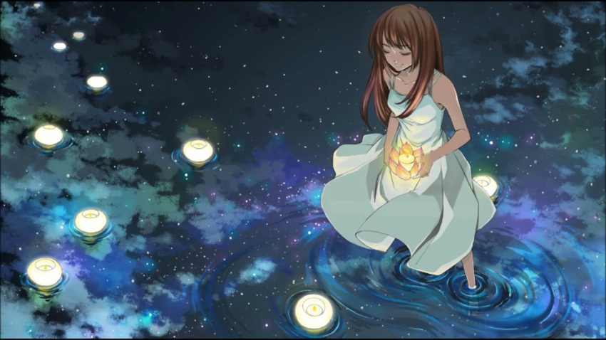 brown_hair closed_eyes cropped dress duplicate female highres lake lantern lantern_on_liquid lotus_lantern night original paper_lantern semei_(skylarkmei) solo source_request standing sundress third-party_edit wading