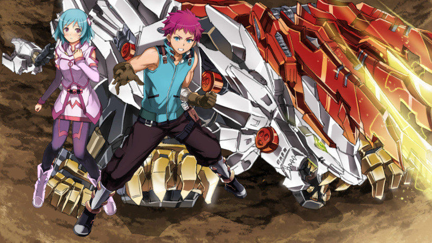 1boy bad_id bad_pixiv_id beast_liger belt black_footwear blue_eyes blue_hair blue_shirt boots brown_gloves brown_pants commentary dress female garimpeiro gimp_(medium) gloves highres leo_conrad lion mecha non-humanoid_robot pants pantyhose pink_dress pink_footwear purple_legwear red_eyes red_hair robot robot_animal sally_land shirt short_hair zoids zoids_wild zoids_wild_zero