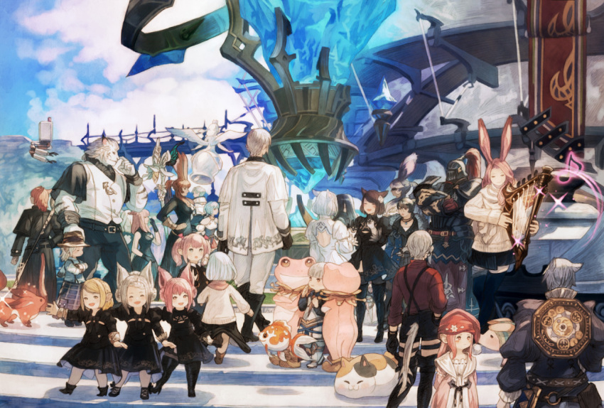 6+boys 6+girls :d animal_costume animal_ears armor astrologian_(final_fantasy) au_ra bard_(final_fantasy) bell black_dress black_footwear blonde_hair blue_sky blush_stickers bow bridge brown_hair bunny_ears carbuncle_(final_fantasy) cat_ears closed_eyes cloud commentary commentary_request cosplay day dragon_horns dragon_tail dress elezen elf fat_cat_(ff14) feline final_fantasy final_fantasy_xiv fish flying_fish frog_costume gloves goldfish hairbow harp hat helmet holding holding_instrument horns hrothgar instrument lalafell limsa_lominsa long_hair long_sleeves maekakekamen miqo'te multiple_boys multiple_girls music musical_note nier_(series) nier_automata open_mouth outdoors pants pig pink_hair playing_instrument pod_(nier_automata) pointy_ears pom_pom_(clothes) shirt shoes short_hair shorts silver_hair sky smile sparkle staff sweater tail twintails viera white_dress white_hair yorha_no._2_type_b yorha_no._2_type_b_(cosplay)