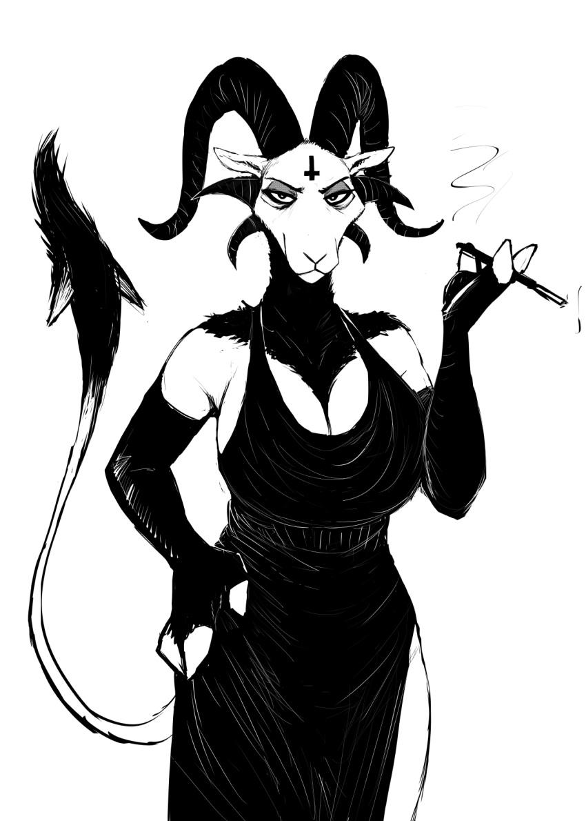 alternative_fashion anthro big_breasts black_and_white bovid breasts caprine cigarette cigarette_holder cleavage clothed clothing cross demon dress female fingerless_gloves fingers gloves goat goth hand_on_hip handwear hi_res hladilnik hooved_fingers hooves horn huge_breasts inverted_cross looking_at_viewer lucy_(hladilnik) mammal monochrome multi_horn neck_tuft raised_tail simple_background smile smoking solo tail tail_tuft tuft white_background