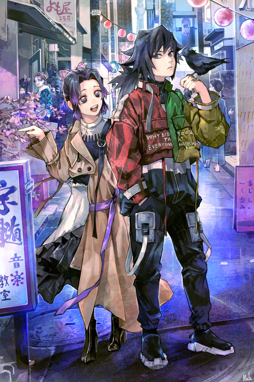 3boys 3girls absurdres alternate_costume animal animal_on_arm bird bird_on_arm black_hair blue_eyes brown_hair butterfly_hair_ornament closed_mouth commentary_request contemporary crow dress earrings gradient_hair hair_ornament hakuji_(kimetsu_no_yaiba) hands_in_pockets highres jacket jewelry kamado_tanjirou kanzaburou_(kimetsu_no_yaiba) kimetsu_no_yaiba kochou_shinobu koyuki_(kimetsu_no_yaiba) kyuuba_melo long_hair looking_at_another multicolored_hair multiple_boys multiple_girls open_mouth pocket ponytail purple_eyes purple_hair scar scar_on_face scar_on_forehead short_hair smile teeth tomioka_giyuu tsuyuri_kanao