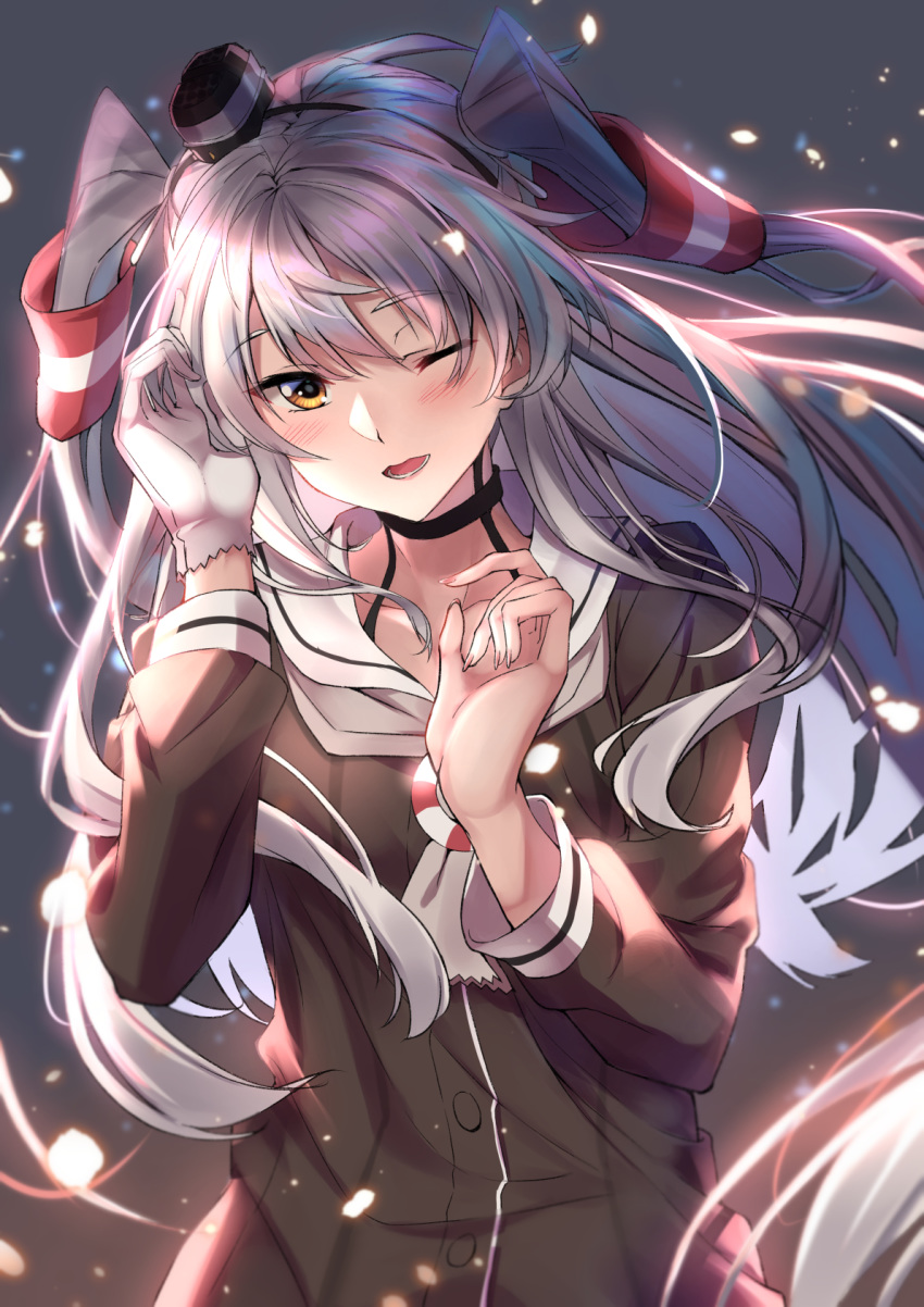 amatsukaze_(kancolle) blush brown_dress dark_background dress duplicate female gloves grey_hair hair_tubes highres innertube kagari_liroi kantai_collection long_hair long_sleeves looking_at_viewer one_eye_closed open_mouth petals pixel-perfect_duplicate sailor_collar sailor_dress single_glove solo swim_ring two_side_up very_long_hair white_gloves yellow_eyes