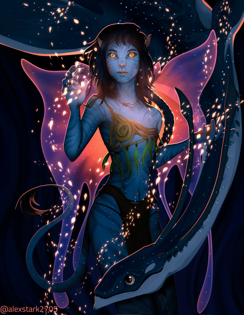 alexstark2705 alien animal animal_ears animal_nose artist_name avatar:_the_way_of_water bare_shoulders black_hair blue_skin blue_tail breasts brown_hair cat_ears colored_skin commentary english_commentary female fish flat_chest glowing glowing_eyes highres james_cameron's_avatar kiri_(avatar) lights long_hair na'vi navel open_mouth pointy_ears science_fiction single_strap solo tail teeth tribal upper_body upper_teeth_only yellow_eyes