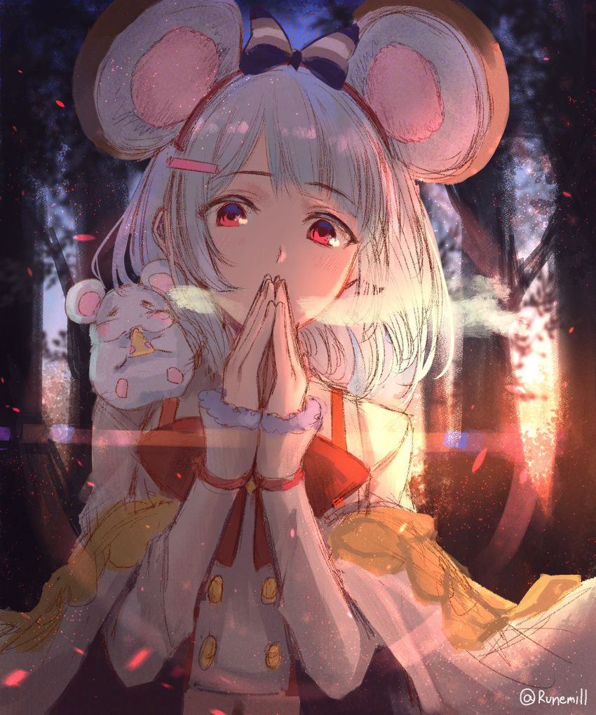 =_= absurdres animal animal_ears animal_on_shoulder black_bow blush bow breath cheese closed_eyes commentary eating english_commentary female food granblue_fantasy grey_hair hair_ornament hairbow hairclip hands_up highres long_sleeves looking_at_viewer mouse_(animal) mouse_ears outdoors own_hands_together red_bow red_eyes runemill shirt sleeves_past_wrists solo sunset tree twitter_username vikala_(granblue_fantasy) white_shirt