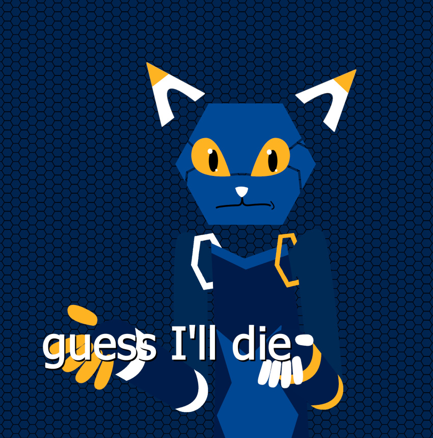 ambiguous_gender anthro blue_background e621 english_text esix felid gesture guess_i'll_die hexagon hi_res looking_at_viewer mammal mascot meme orange_eyes reaction_image redcrystal shrug simple_background solo text white_nose