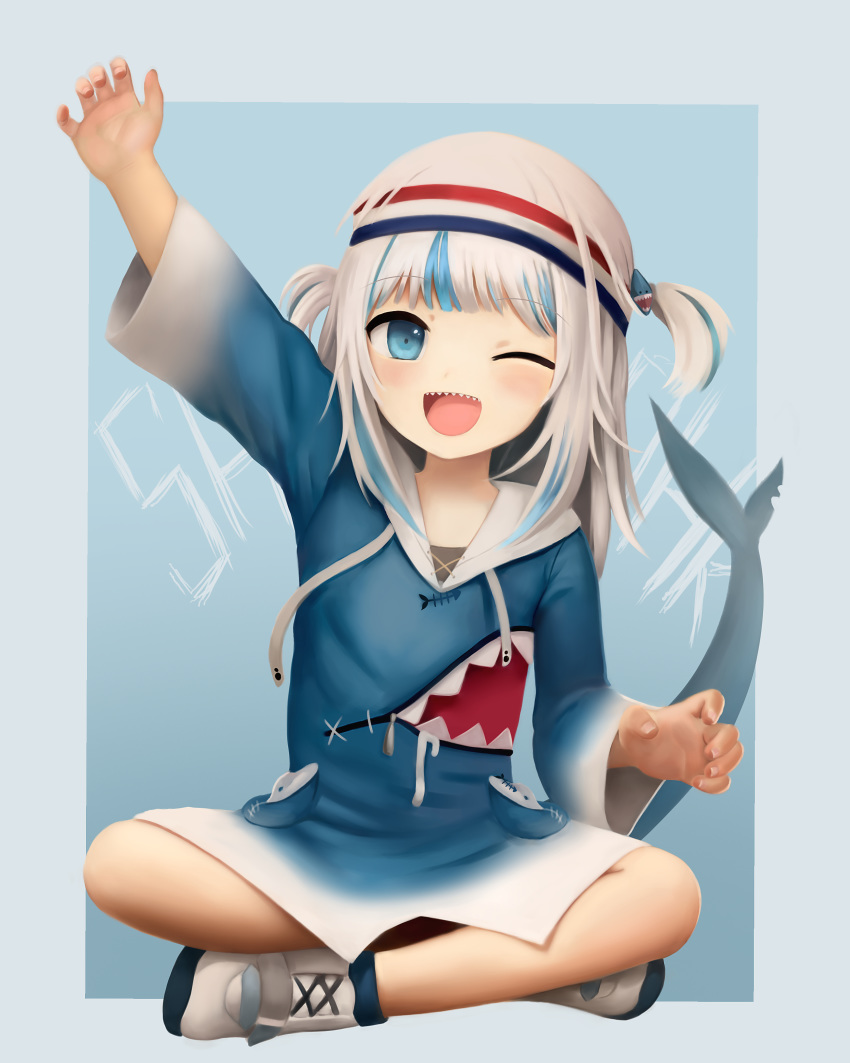 ;d absurdres arm_up blue_background blue_eyes commentary crumbles drawstring english_commentary female fins fish_tail gawr_gura gawr_gura_(1st_costume) grey_hair highres hololive hololive_english hood hoodie indian_style long_hoodie long_sleeves looking_at_viewer multicolored_hair one_eye_closed open_mouth outside_border shark_girl shark_tail sharp_teeth shoes sitting smile solo streaked_hair tail teeth two_side_up virtual_youtuber white_footwear