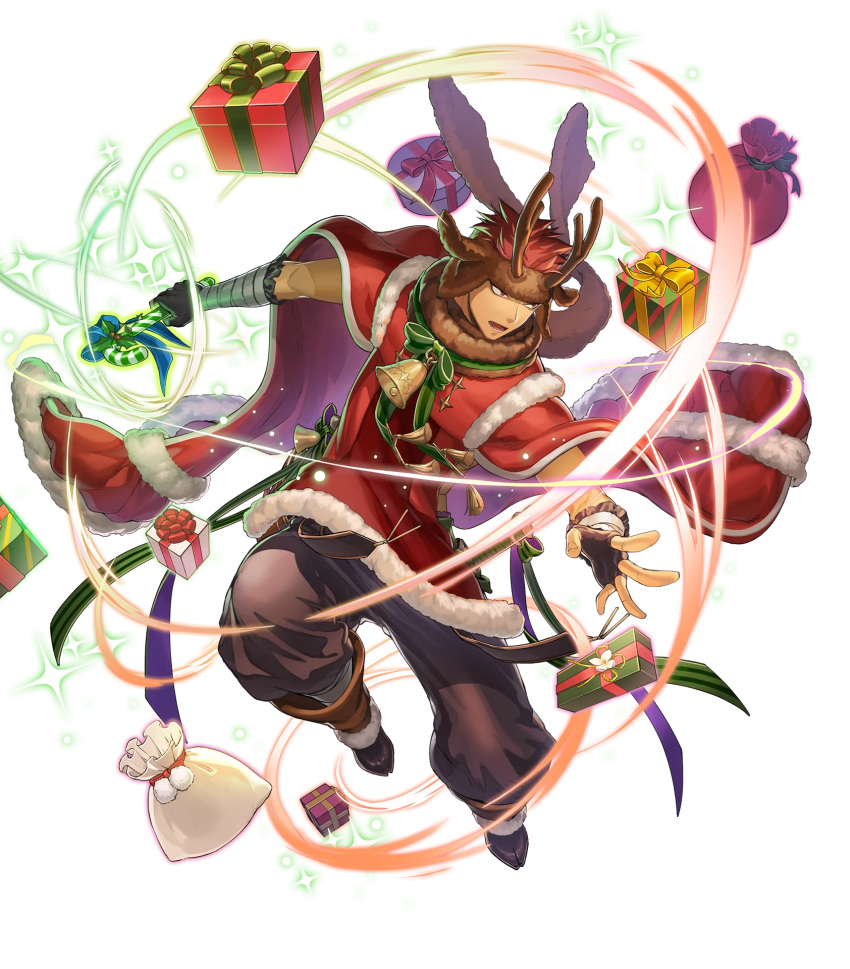 1boy alternate_costume animal_ears bandages bell boots bow bracelet candy candy_cane christmas christmas_ornaments dagger dark_skin deer_ears fingerless_gloves fire_emblem fire_emblem:_the_blazing_blade fire_emblem_heroes food full_body fur_trim gift gloves highres jaffar_(fire_emblem) jaffar_(winter)_(fire_emblem) jewelry knife male_focus open_mouth red_eyes red_hair rim solo sparkle teeth transparent_background weapon