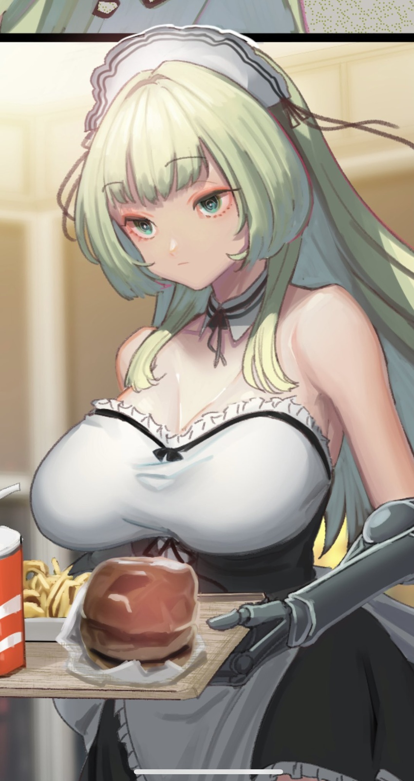 apron bad_id bad_twitter_id bare_shoulders breasts burger cup detached_collar disposable_cup dress female food green_eyes green_hair highres holding holding_tray large_breasts long_hair maid maid_headdress mechanical_arms ookami_ryousuke original sidelocks single_mechanical_arm solo strapless strapless_dress tray waist_apron