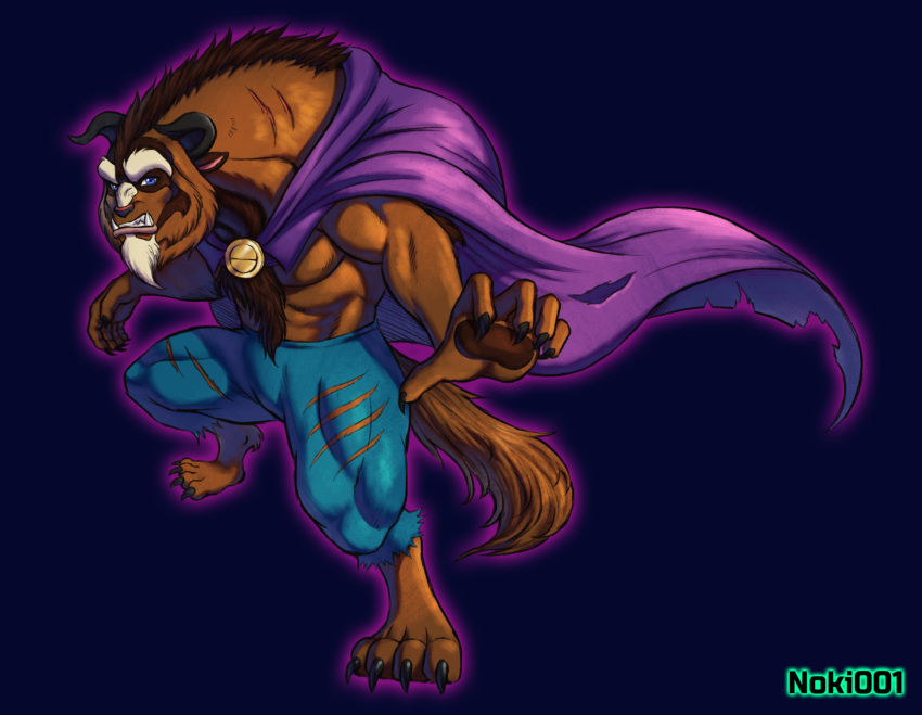 anthro beast_(disney) beauty_and_the_beast blue_eyes body_hair bottomwear brown_body brown_fur cape chest_hair claws clothing disney eyebrows fur hi_res horn male muscular noki001 pants scar simple_background solo tail thick_eyebrows torn_bottomwear torn_clothing torn_fabric torn_pants wide_stance