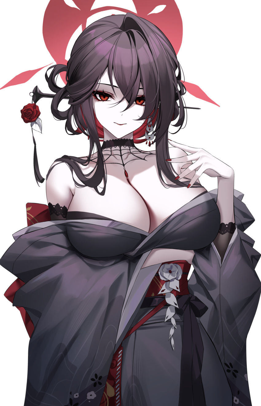 bare_shoulders black_choker black_hair black_kimono blue_archive breasts choker cleavage closed_mouth commentary duplicate eternity_(shadeh) female goth_fashion hair_between_eyes halo hand_up highres japanese_clothes kimono kokuriko_(blue_archive) large_breasts long_hair long_sleeves looking_at_viewer nail_polish off_shoulder pixel-perfect_duplicate red_eyes red_halo red_nails sidelocks simple_background solo white_background