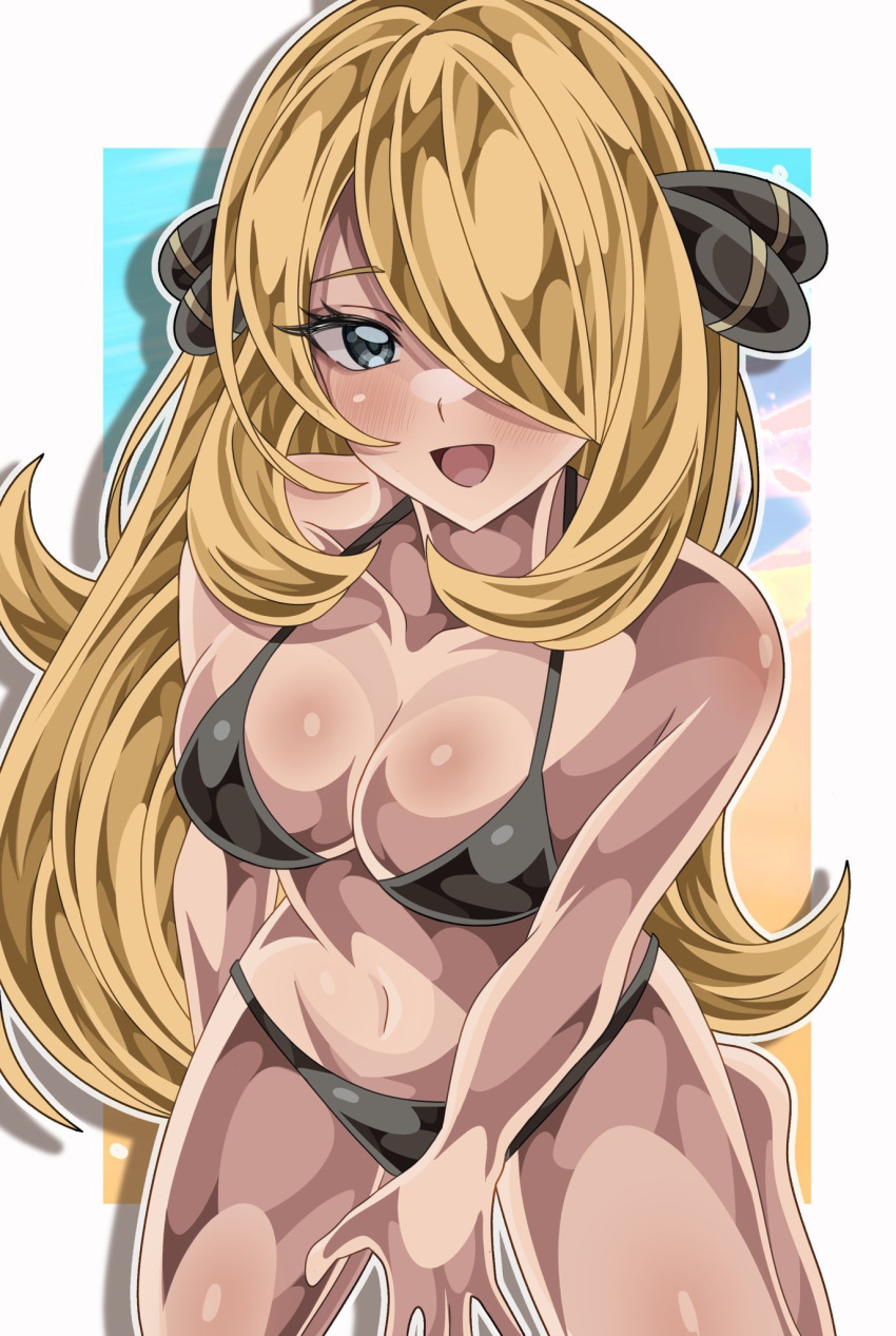 bikini black_bikini blonde_hair breasts cynthia_(pokemon) female grey_eyes hair_ornament hair_over_one_eye highres large_breasts long_hair looking_at_viewer open_mouth pokemon pokemon_dppt pokemon_platinum shiki_(kisikisi1007) smile solo swimsuit very_long_hair