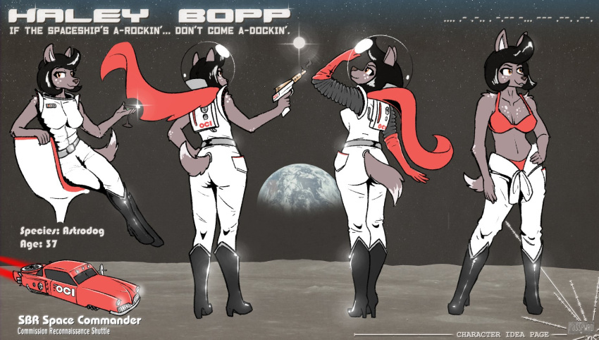 anthro armor boots bra canid canine clothing dipstick_tail english_text female footwear gloves haley_bopp_(posspowered) handwear headgear helmet hi_res laser_gun mammal markings model_sheet posspowered ranged_weapon retrofuturism scarf solo spacesuit tail tail_markings text underwear vehicle weapon