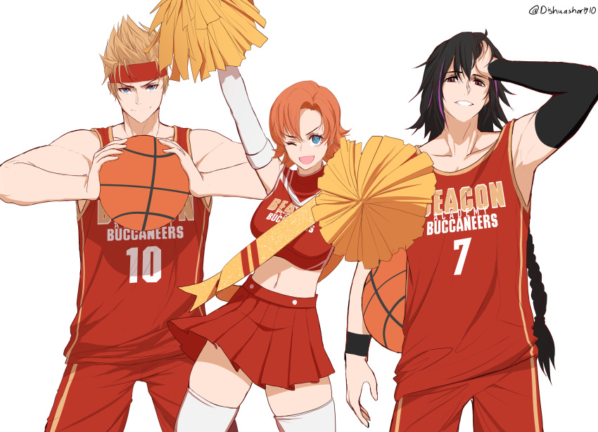 2boys ;d absurdres arm_up ball basketball_(object) basketball_uniform black_hair black_sleeves blonde_hair blue_eyes bob_cut braid braided_ponytail breasts cheerleader collarbone crop_top dishwasher1910 female gloves highres holding holding_ball holding_pom_poms jaune_arc jersey lie_ren long_hair medium_breasts midriff miniskirt multicolored_hair multiple_boys navel nora_valkyrie number_print one_eye_closed orange_hair parted_lips pink_hair pleated_skirt pom_pom_(cheerleading) red_eyes red_shirt red_shorts red_skirt rwby shirt short_hair shorts simple_background single_sleeve skirt smile spiked_hair sportswear stomach streaked_hair thighhighs v-shaped_eyebrows very_long_hair white_background white_gloves white_thighhighs wristband zettai_ryouiki