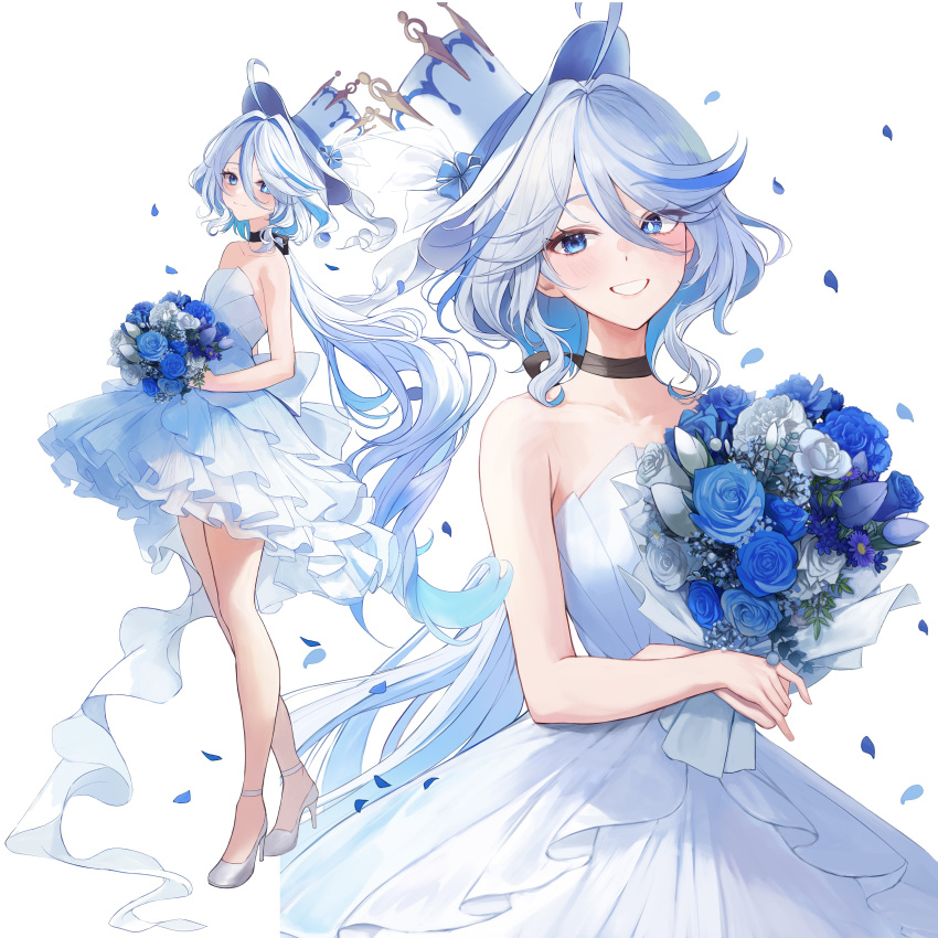 absurdres ahoge bare_arms bare_shoulders black_choker blue_flower blue_hair blue_rose choker commentary_request dress female flower furina_(genshin_impact) genshin_impact grin hat high_heels highres looking_at_viewer multicolored_hair multiple_views rose smile strapless strapless_dress streaked_hair top_hat white_background white_dress white_footwear white_hair white_hat yuna_(deadawon)