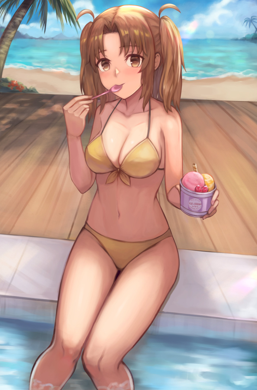 absurdres alternate_costume beach bikini blue_sky blush breasts brown_eyes brown_hair cleavage collarbone commentary eating english_commentary female food highres holding holding_spoon ice_cream looking_at_viewer medium_breasts navel outdoors parted_bangs partially_submerged sand sky solo spoon stomach sushisnek swimsuit tsukihime two_side_up utensil_in_mouth water yellow_bikini yumizuka_satsuki