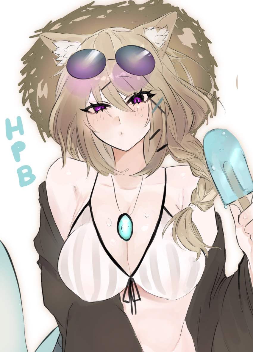 animal_ear_fluff animal_ears arknights bare_shoulders bikini black_jacket braid breasts cleavage cowboy_shot dddddvkoko eyewear_on_head female food hair_ornament hat highres ice_cream jacket jewelry large_breasts looking_at_viewer necklace off_shoulder official_alternate_costume purple-tinted_eyewear purple_eyes round_eyewear simple_background solo straw_hat striped_bikini striped_clothes sun_hat sunglasses swimsuit tinted_eyewear utage_(arknights) utage_(summer_flowers)_(arknights) vertical-striped_bikini vertical-striped_clothes white_background