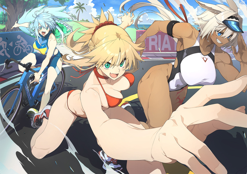 10mo 3girls animal_ears armband bicycle bikini blonde_hair blue_eyes blue_hair body_markings braid breasts caenis_(fate) colored_inner_hair dark-skinned_female dark_skin dynamic_pose fate/grand_order fate_(series) green_eyes green_hair hair_intakes hair_ornament kukulkan_(fate) large_breasts leotard long_hair medium_breasts mordred_(fate) multicolored_hair multiple_girls official_art open_mouth ponytail promotional_art racing red_bikini red_scrunchie riding riding_bicycle running scrunchie shoes sidelocks sleeveless smile sneakers swimsuit visor_cap white_hair