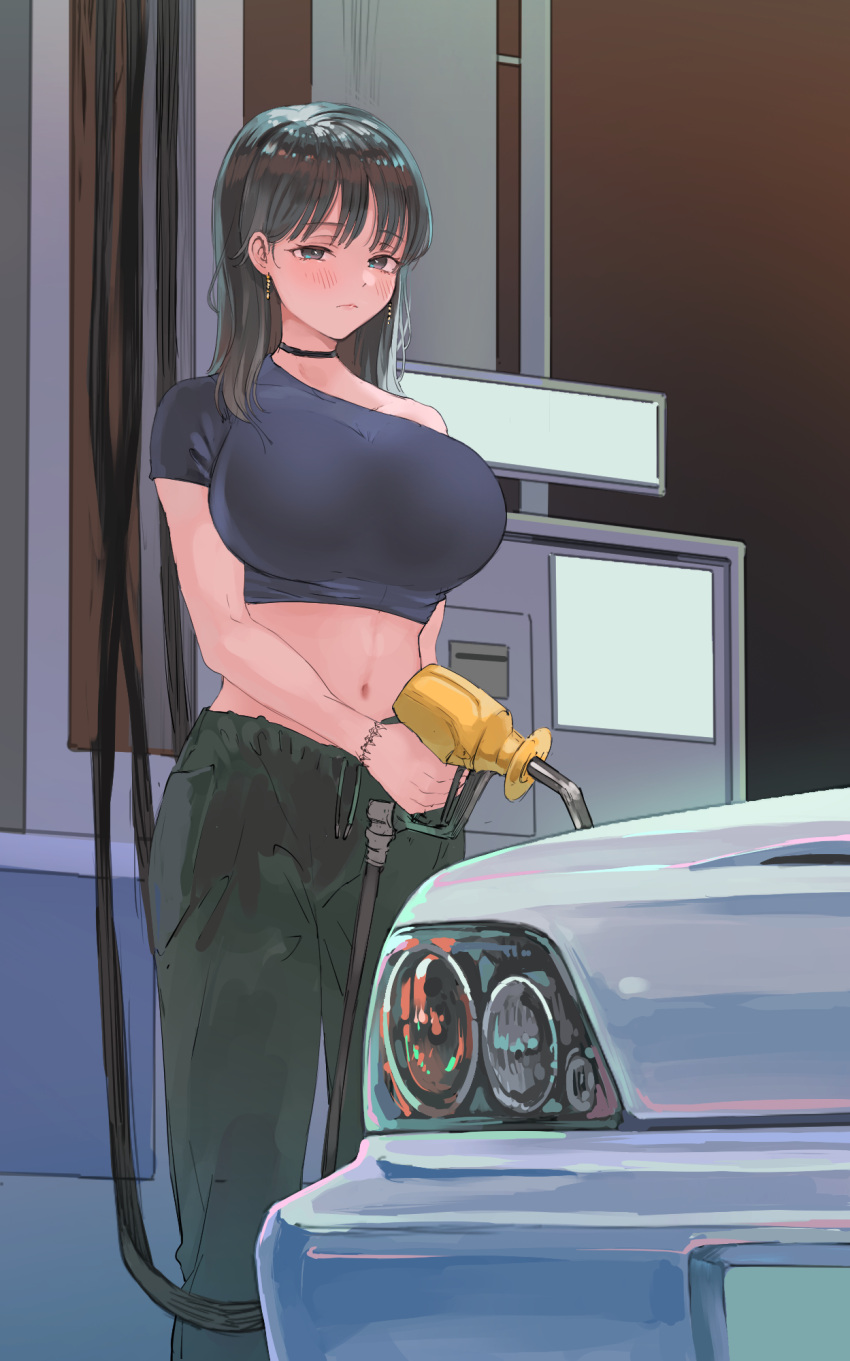 black_eyes black_hair blush breasts car closed_mouth cropped_shirt earrings female gas_pump gas_pump_nozzle gas_station green_pants highres jewelry large_breasts long_hair looking_at_viewer midriff momo_hiki motor_vehicle navel original pants solo