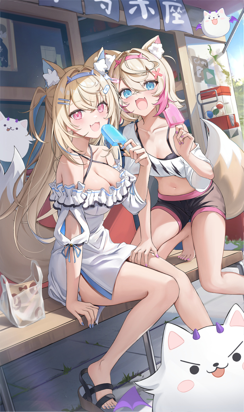 2girls :3 :d absurdres adapted_costume animal_ear_fluff animal_ears aoi_13 arm_support bandaid bandaid_hair_ornament bare_shoulders barefoot black_camisole black_shorts blonde_hair blue_eyes blue_hair blue_hairband blue_nails breasts camisole cleavage collarbone commentary criss-cross_halter cropped_shirt crossed_bangs day detached_sleeves dog_ears dog_girl dog_tail double-parted_bangs dress english_commentary fake_horns flat_chest food frilled_dress frills fuwawa_abyssgard hair_between_eyes hair_intakes hair_ornament hairband hairclip halterneck highres holding holding_food holding_popsicle hololive hololive_english horns large_breasts long_hair looking_at_viewer mascot midriff mixed-language_commentary mococo_abyssgard mococo_abyssgard_(1st_costume) multicolored_hair multiple_girls nail_polish navel oerba_yun_fang on_bench on_one_knee outdoors perroccino_(fuwamoco) pink_eyes pink_hair pink_hairband pink_nails popsicle print_shirt sandals shirt short_dress short_hair short_shorts short_sleeves shorts siblings side_slit single_off_shoulder sisters sitting skin_fang sleeveless sleeveless_dress smile streaked_hair t-shirt tail toenail_polish toenails twins two_side_up virtual_youtuber white_dress white_shirt x_hair_ornament