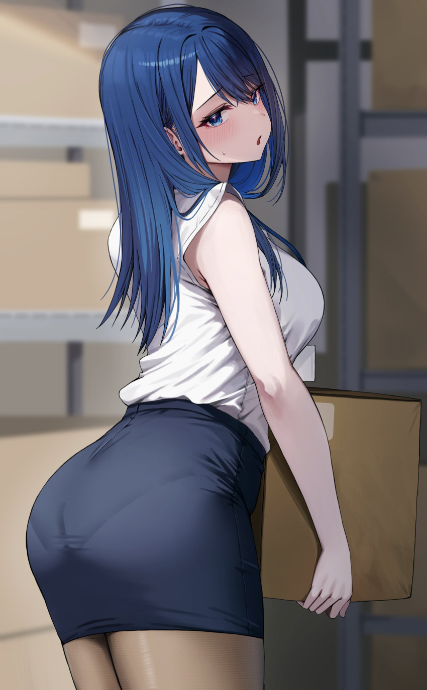 absurdres black_skirt blue_eyes blue_hair box female highres indoors long_hair looking_at_viewer office_lady ol-chan_(udon) open_mouth original pantyhose pencil_skirt pleated_skirt shirt skirt solo udon_(udonalium) warehouse