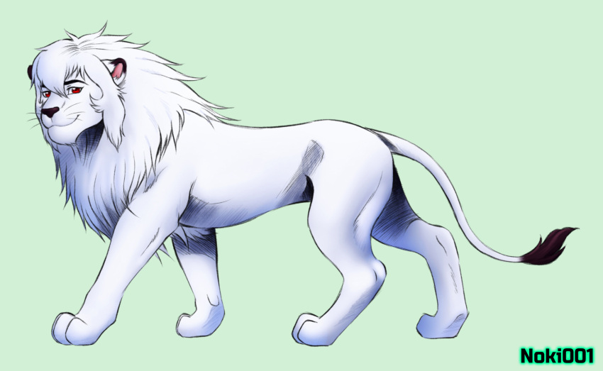 black_nose felid feline feral fur green_background hi_res kimba kimba_the_white_lion lion male mammal mane noki001 osamu_tezuka pantherine paws simple_background smile solo standing whiskers white_body white_fur white_mane