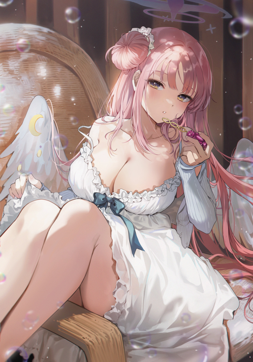 angel_wings blowing_bubbles blue_archive blue_ribbon blush breasts bubble bubble_wand chair cleavage collarbone commentary crescent detached_sleeves dress feathered_wings female fingernails gijang hair_bun hair_ribbon halo highres knees_up large_breasts legs long_hair long_sleeves low_wings mika_(blue_archive) nail_polish pink_hair pink_halo ribbed_sleeves ribbon single_side_bun sitting sleeveless sleeveless_dress solo strap_slip white_dress white_ribbon white_sleeves white_wings wings yellow_eyes