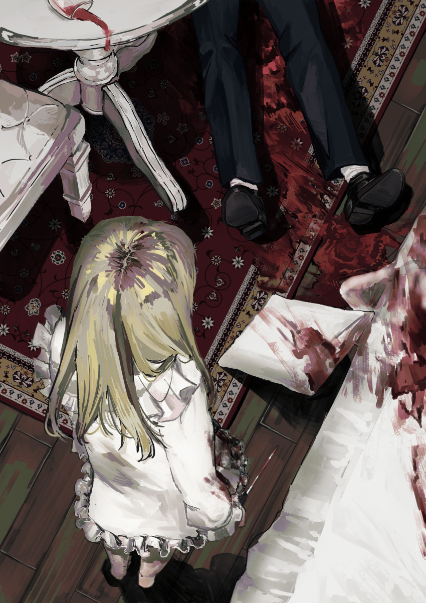 1boy absurdres alcohol black_footwear black_pants blonde_hair blood blood_on_clothes blood_on_weapon chair commentary corpse cup dress dress_shoes drinking_glass female frilled_dress frills from_above from_behind highres ice_pick iyuru_kuroneko lolicon long_hair murder original pants pillow rug shoes standing weapon white_dress wine wine_glass wooden_floor