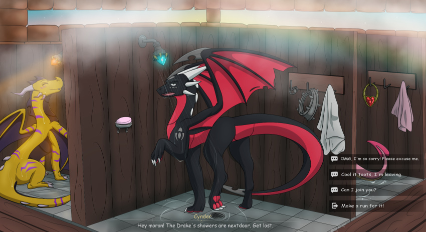 activision ambiguous_gender apollyondragon bathroom choose_your_own_adventure cynder dialogue dragon ember_(spyro) fan_character female feral group hi_res horn jewelry multi_horn mythological_creature mythological_scalie mythology necklace paws scalie shower shower_head soap spyro_the_dragon tail talking_to_viewer text towel trio wings