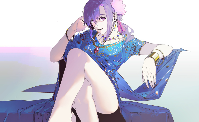 blue_dress bracelet crossed_legs dress fate/grand_order fate_(series) female flower hair_flower hair_ornament highres indian_clothes jewelry long_hair looking_at_viewer matou_sakura necklace nyanya_k1 open_mouth parvati_(fate) pink_flower purple_eyes purple_hair short_sleeves sidelocks sitting smile solo teeth