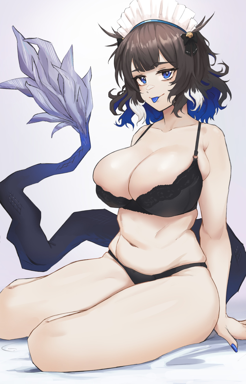 :p absurdres arknights bare_shoulders black_bra black_hair blue_eyes bra breasts cleavage female grey_background highres kjera_(arknights) kjera_(ingenious_servant)_(arknights) large_breasts looking_at_viewer maid_headdress navel radioneet short_hair sitting smile solo stomach tail thighs tongue tongue_out underwear