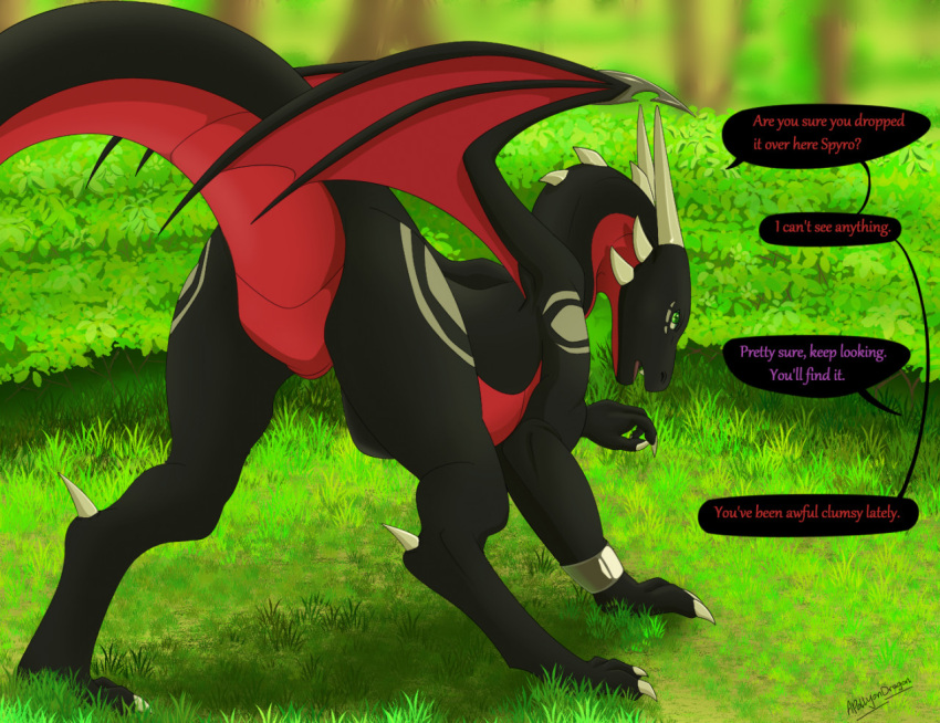 activision apollyondragon ass bracelet claws cynder dialogue digital_media_(artwork) dragon duo female feral grass green_eyes horn jewelry male multi_horn mythological_creature mythological_scalie mythology plant scalie searching shrub speech_bubble spyro spyro_the_dragon tail text tree wings