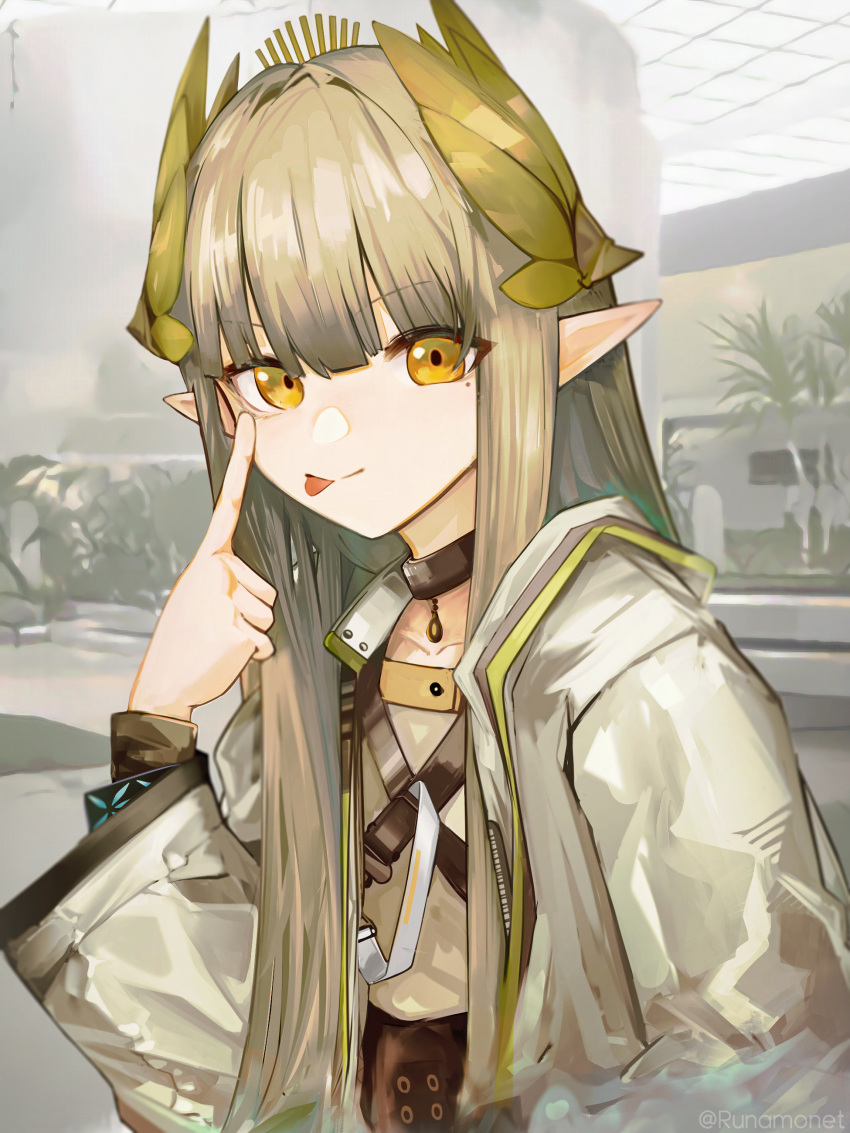 absurdres arknights black_choker blonde_hair brown_shirt choker closed_mouth coat cowboy_shot elf female highres infection_monitor_(arknights) lab_coat laurel_crown long_hair looking_at_viewer mole mole_under_eye muelsyse_(arknights) open_clothes open_coat pointy_ears runamonet shirt smile solo white_coat yellow_eyes