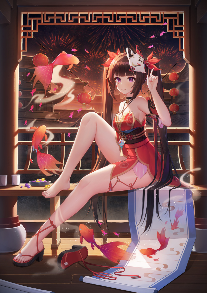 absurdres bare_shoulders barefoot bell black_choker black_footwear blunt_bangs breasts brown_hair chinese_commentary choker cleavage commentary_request cup detached_sleeves dress feet female fireworks fish food fox_mask from_side gold_trim hand_up highres honkai:_star_rail honkai_(series) indoors leg_up light_blush long_hair looking_at_viewer looking_to_the_side mask mask_on_head mole mole_under_eye multiple_moles nail_polish neck_bell night okobo on_table orb pink_nails pointing pointing_up purple_eyes red_dress red_sleeves sandals shoes single_shoe sitting small_breasts smile solo sparkle_(honkai:_star_rail) strapless strapless_dress table thighs toeless_footwear toes twintails unworn_shoes very_long_hair wa_(user_snch2757)