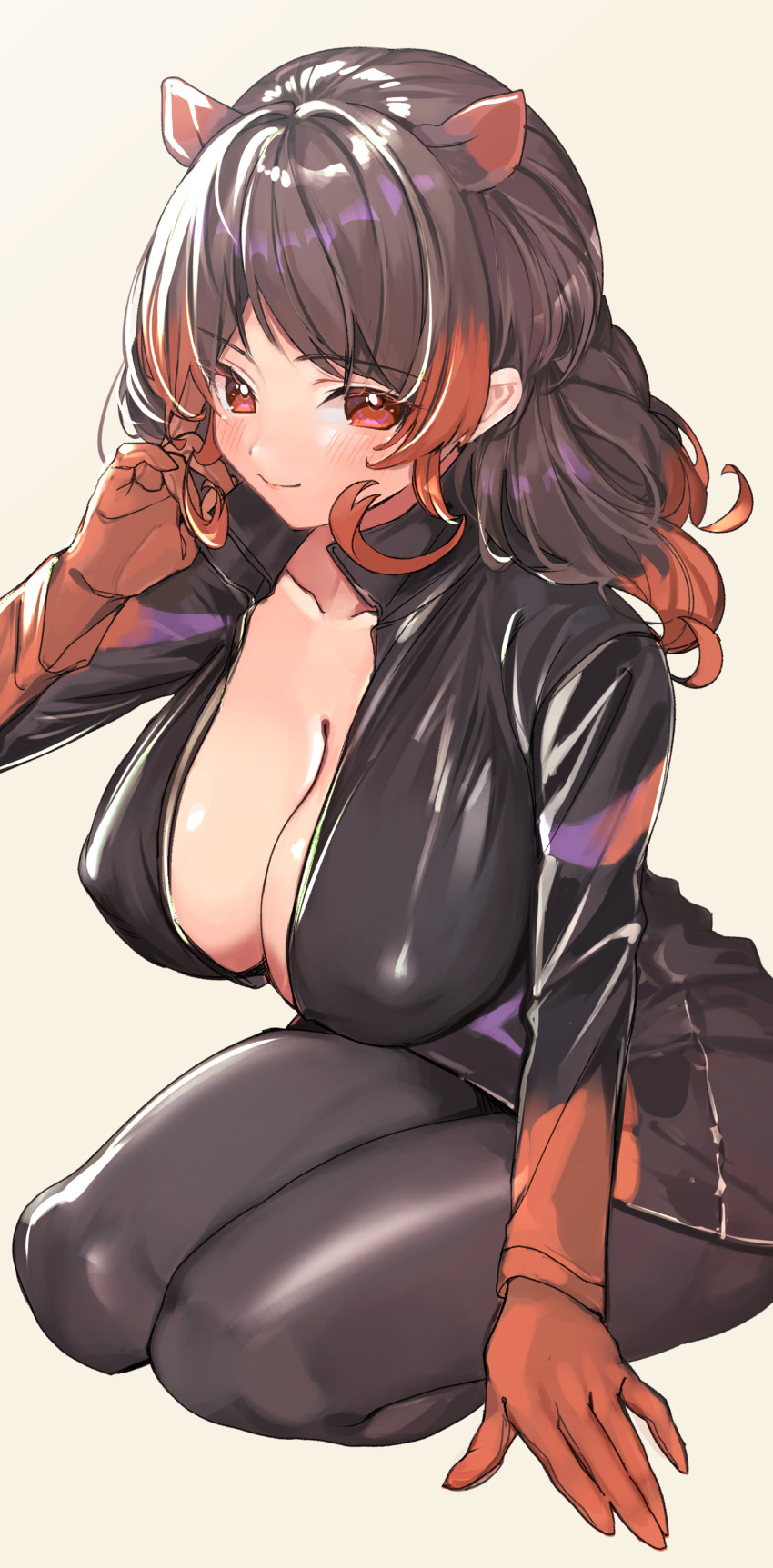 a888_n22 absurdres animal_ears black_hair breasts closed_mouth collared_jacket covered_nipples extra_ears female gloves grey_background hand_up highres hippopotamus_(kemono_friends) hippopotamus_ears jacket kemono_friends large_breasts leaning_forward long_hair long_sleeves looking_at_viewer medium_bangs multicolored_hair pants parted_bangs playing_with_own_hair red_eyes red_hair shiny_clothes simple_background sitting smile solo two-tone_hair