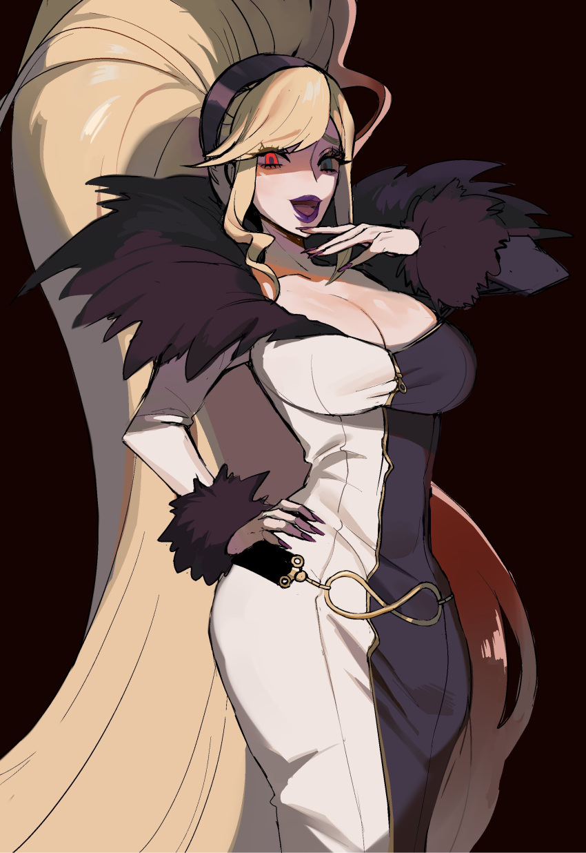 absurdly_long_hair absurdres belt black_background black_belt black_eyes blonde_hair blunt_bangs breasts cleavage dress ennuigrl female fur_trim heterochromia high_ponytail highres hilda_(under_night_in-birth) large_breasts long_hair looking_at_viewer multicolored_clothes multicolored_dress nail_polish off-shoulder_dress off_shoulder open_mouth ponytail purple_lips purple_nails red_eyes simple_background smile solo two-tone_dress under_night_in-birth very_long_hair