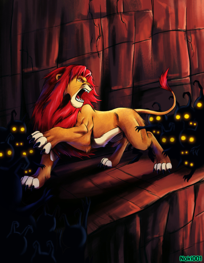 angry brown_body brown_fur claws dark_lighting detailed_background disney felid feral fur glowing glowing_eyes group heartless hi_res kingdom_hearts lighter_belly lion male mammal mane noki001 one_leg_up open_mouth pantherine paws raised_leg red_mane shadow_(kingdom_hearts) sharp_teeth simba_(the_lion_king) square_enix standing teeth the_lion_king whiskers