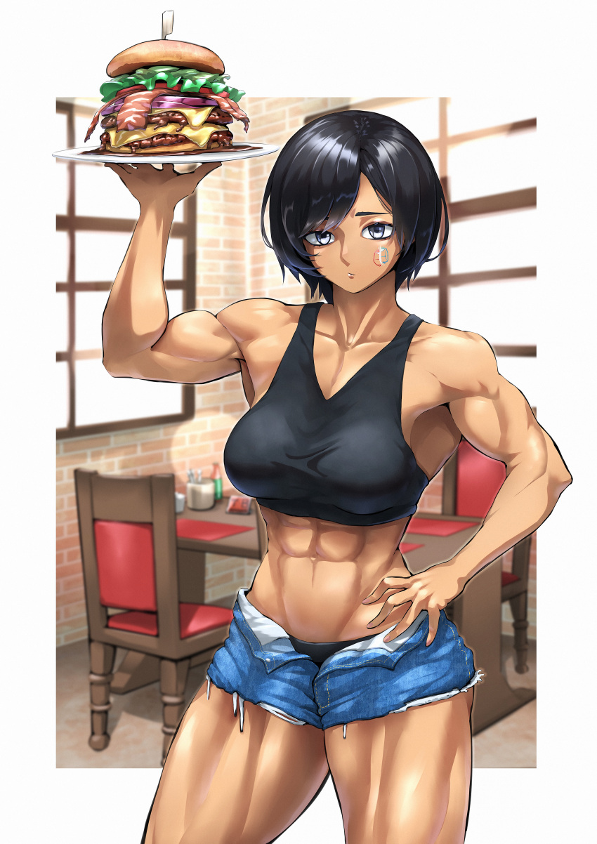 702_96 abs absurdres black_bra black_hair black_panties blue_eyes bra breasts burger chair commentary dark_skin denim denim_shorts english_commentary facial_tattoo female food highres indoors muscular muscular_female original panties plate short_hair short_shorts shorts sleeveless solo table tattoo underwear unzipped