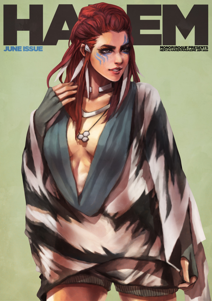 absurdres aloy_(horizon) alternate_costume animal_print breasts brown_eyes commentary cover english_commentary facial_tattoo fake_magazine_cover fashion feather_hair_ornament feathers female fingerless_gloves focus_(horizon) freckles gloves green_background hair_ornament hairclip highres horizon_(video_game) horizon_zero_dawn jewelry lips long_hair magazine_cover makeup mascara medium_breasts monori_rogue neck_ring necklace no_bra nose pendant photoshop_(medium) plunging_neckline poncho red_hair shorts solo tattoo tribal_tattoo wide_sleeves zebra_print