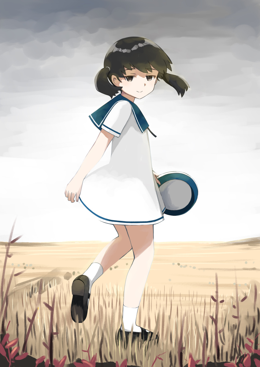 absurdres black_hair blue_collar brown_eyes closed_mouth cloud cloudy_sky collar commentary_request dress female field from_behind full_body grass grey_sky hat highres kantai_collection looking_at_viewer looking_back mary_janes outdoors sailor_dress sailor_hat shoe_soles shoes short_hair short_sleeves shounan_(kancolle) sky smile socks solo toplow twintails white_dress white_hat white_socks