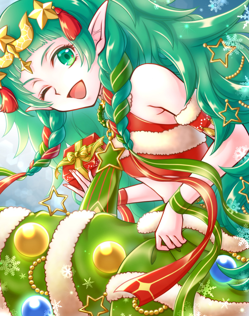 box braid christmas_ornaments commentary_request female fire_emblem fire_emblem:_three_houses fire_emblem_heroes fur_trim gift gift_box green_eyes green_hair hair_ornament hair_ribbon highres holding long_hair one_eye_closed open_mouth pointy_ears ribbon ribbon_braid solo sothis_(fire_emblem) sothis_(winter)_(fire_emblem) tiara twin_braids yuzuame_(capsuleflower)